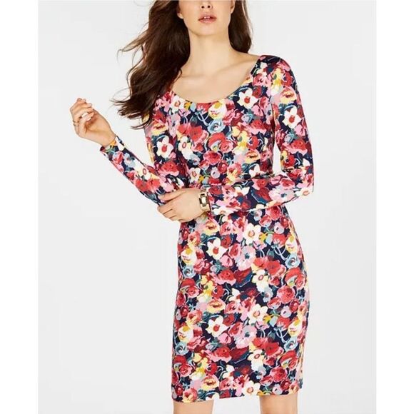 Betsey Johnson Dress Size 10 Long Sleeve Floral Scoop Neck Sheath Stretch - Picture 1 of 11
